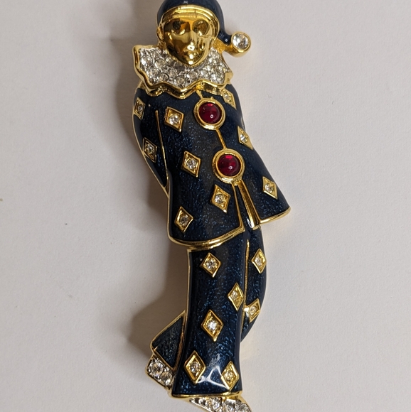 RARE Vintage Carucci Pierrot Harlequin Clown Brooch – Enamel & Rhinestones, 2.5” - Picture 6 of 11